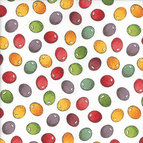 Riley Blake Fabrics Egg Hunt Janet Wecker Frisch Jelly Beans White, fabric with a colorful pattern of scattered jelly beans in red, orange, green, purple, and yellow on a white background.