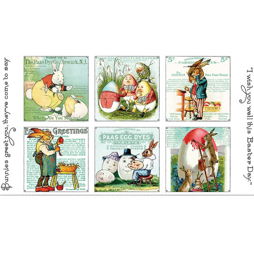 Riley Blake Fabrics Egg Hunt Janet Wecker Frisch Easter Egg Hunt Large Patch Panel Blue Green, vintage-style illustrated Easter-themed patch panel with bunnies, eggs, and chicks.