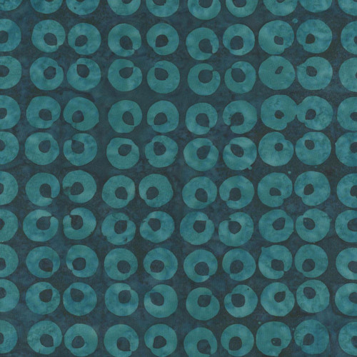 Riley Blake Fabrics Expressions Batiks Silver Shores Denim Bijou Teal Blue, a fabric with a pattern of concentric circles in shades of teal and blue.