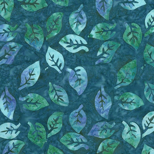 Riley Blake Fabrics Expressions Batiks Silver Shores Kaleidoscope Teal Blue, fabric featuring a leaf pattern with shades of blue, teal, and green on a textured blue background.