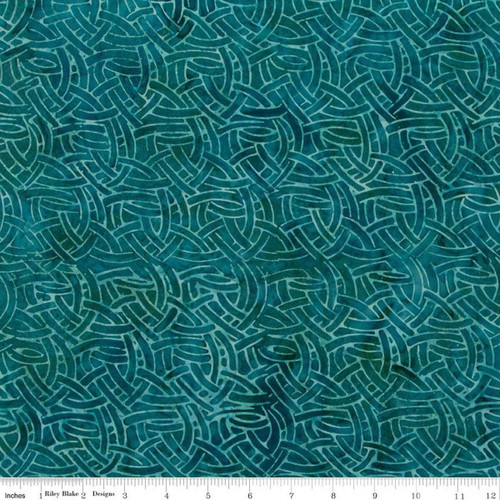 Riley Blake Fabrics Expressions Batiks Silver Shores Calypso Teal Green Blue, fabric pattern featuring intertwining abstract lines in shades of teal and blue.