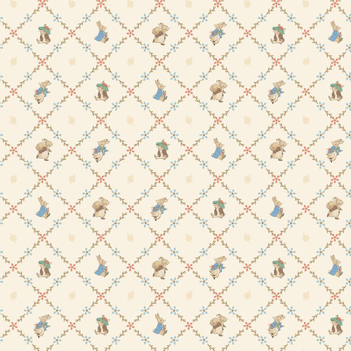 Riley Blake Fabrics Peter Rabbit and Benjamin Bunny Lattice Cream, fabric pattern featuring cute Peter Rabbit and Benjamin Bunny characters, floral lattice design, cream background, perfect for quilting and children's clothing.