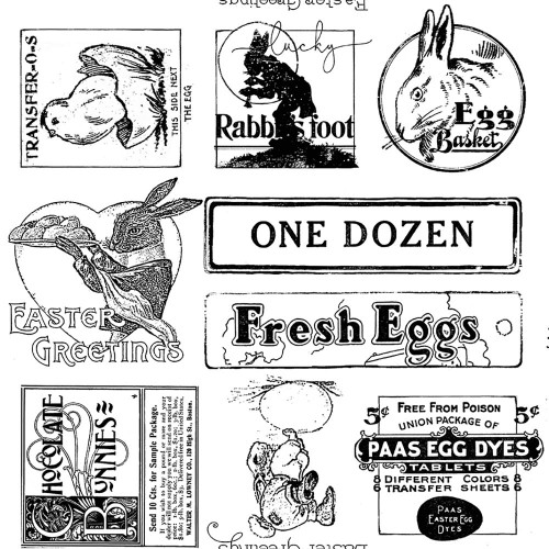 Riley Blake Fabrics Egg Hunt Janet Wecker Frisch Easter Ads White Black, a black and white vintage-style illustration of Easter-themed labels and banners with rabbits, eggs, and holiday greetings.