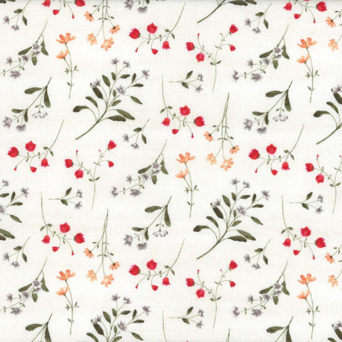 Wilmington Prints Peach Whispers Beth Grove Cream Meadow Flower Toss, fabric with a floral pattern of small pink, red, peach, and purple flowers with green stems and leaves on a cream background.