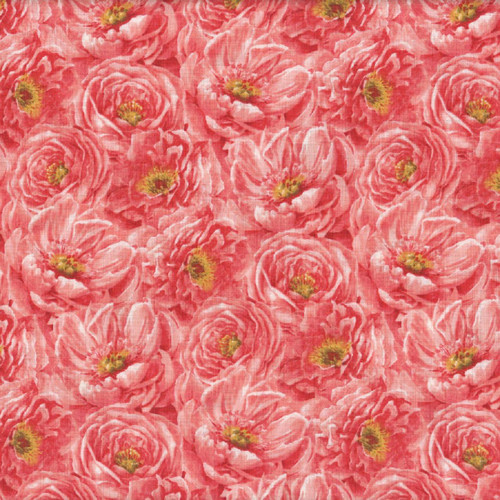 Wilmington Prints Peach Whispers Beth Grove Coral Pink Packed Flower Blooms fabric, a vibrant pink floral pattern with detailed blooming flowers and yellow centers.