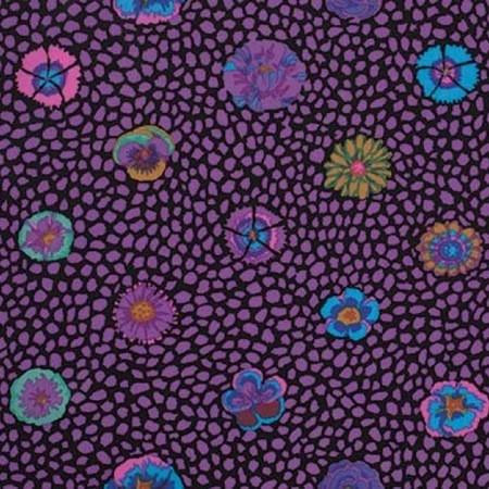 Free Spirit Fabrics Kaffe Fassett Classics Rowan Kaffe Fasset Guinea Flower Purple, fabric pattern featuring multicolored flowers and purple pebble-like background.