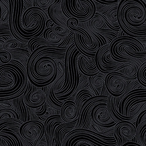 Studio E Fabrics Just Color 108 Inch Wide Quilt Backing Iron, black fabric with intricate swirling line pattern.