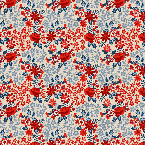 Lumin Fabrics White Owl Stars and Stripes Jennifer Ellory Americana Flowers Red Blue Grey, image of a floral fabric pattern featuring red, blue, and grey flowers on a white background.