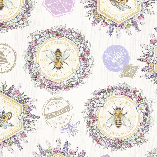Lumin Fabrics White Owl Sweet Honey Bee Chad Barrett Floral Bee Medallions Cream Purple Yellow