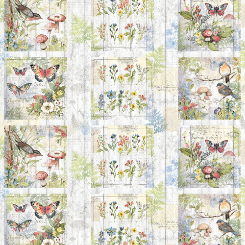 Lumin Fabrics White Owl Nature's Serenade Susan Winget Flowers Butterflies Panel Cream Blue Green