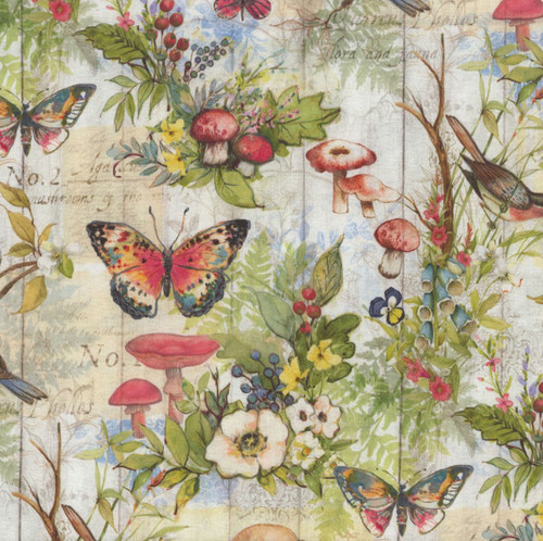 Lumin Fabrics White Owl Nature's Serenade Susan Winget Birds Flowers Butterflies Cream Green