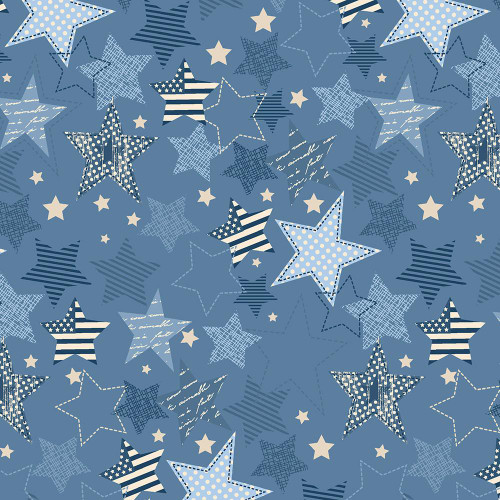 Lumin Fabrics White Owl Stars and Stripes Jennifer Ellory Patchwork Stars Blue, fabric with various star patterns in blue and white, including stripe, polka dot, and check designs, set on a blue background.