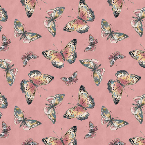 Lumin Fabrics White Owl Nature's Serenade Susan Winget Butterflies Coral Pink, detailed pattern of colorful butterflies on a pink background.