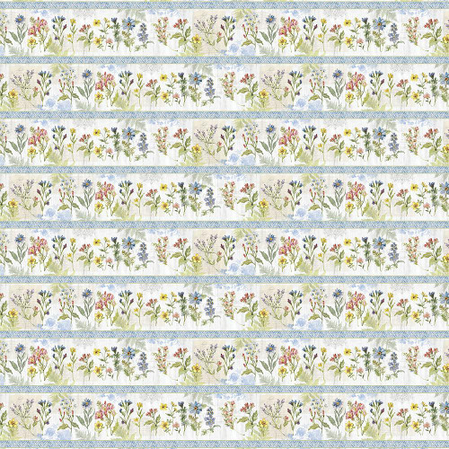 Lumin Fabrics White Owl Nature's Serenade Susan Winget Wildflowers Repeating Stripe Cream Green, fabric with a floral pattern of various wildflowers in pink, blue, yellow, and green, arranged in horizontal stripes.