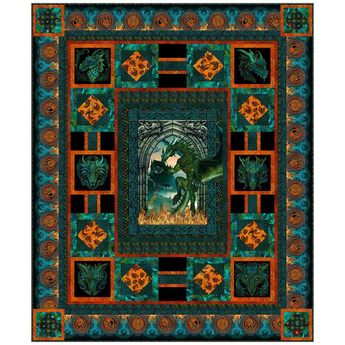 In The Beginning Fabrics Dragons - Emerald House Quilt Pattern, vibrant quilt featuring dragons and intricate medieval-themed designs in teal, orange, and black colors.