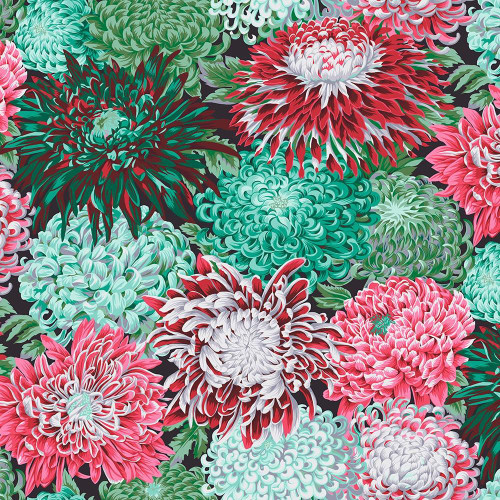 Free Spirit Fabrics Kaffe Fassett Collective 2022 Philip Jacobs Japanese Chrysanthemum Blush, vibrant floral fabric pattern featuring large, detailed chrysanthemums in pink, red, white, green, and teal colors on a black background.