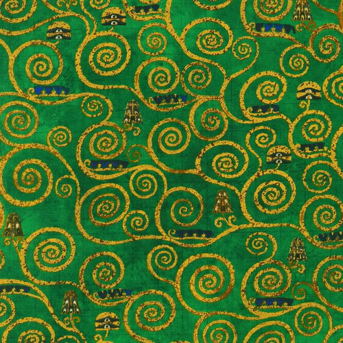 Robert Kaufman Fabrics Gustav Klimt Tree of Life Boughs Green, a fabric with intricate gold spiral patterns and stylized tree motifs on a vibrant green background.