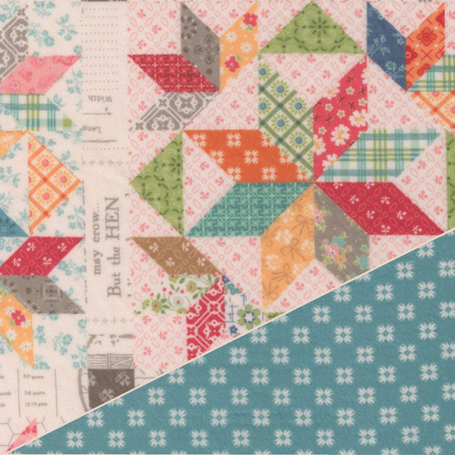 Riley Blake Fabrics Double Lush Velvet Lori Holt Farmers Daughter Quilt Blocks, colorful quilt block pattern with various floral and geometric fabric prints and patterns.