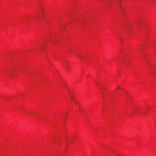 Hoffman Fabrics Bali Hand Dyed Watercolors Batik Lucy, vibrant red watercolor batik fabric with marbled and textured pattern.