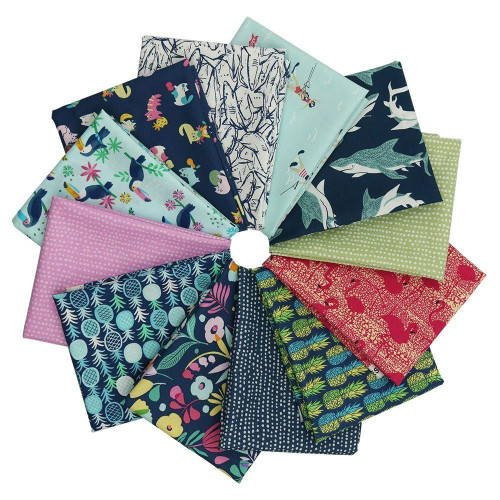 Dear Stella Designs Aloha 12 Fat Quarters, colorful fabric bundle with various tropical and nautical patterns perfect for quilting and sewing projects.