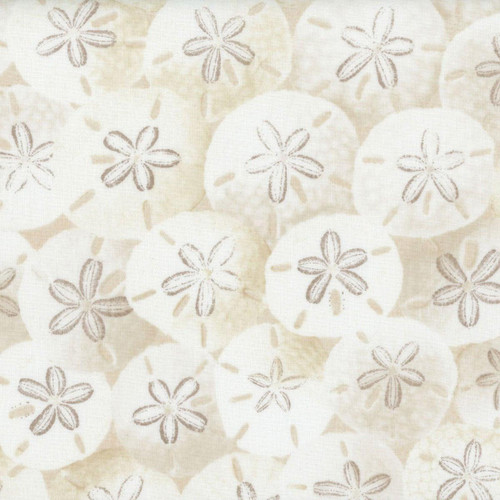 Timeless Treasures Fabrics Beach Dreams, Take Me Away Packed Sand Dollars On Beach Sand fabric with beach-themed sand dollar pattern in neutral tones.
