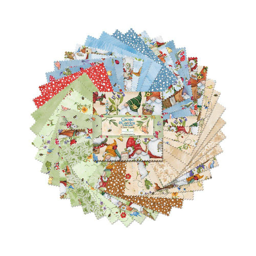 Wilmington Prints Fabrics Gnome and Garden Susan Winget 5 Karat Crystals, fabric swatches featuring gnomes, garden scenes, and colorful patterns with decorative edges.