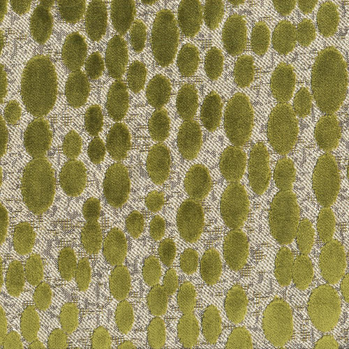 Hamilton Fabrics Finch Peridot Various Cut Velvet Dots, image of fabric with green velvet dots of different sizes on a textured background.