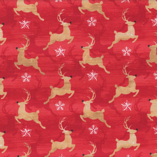 Studio E Fabrics Fabrics Vintage Whispers from Santa Lucie Crovatto Reindeer Red, red fabric with a pattern of beige reindeer and white snowflakes.