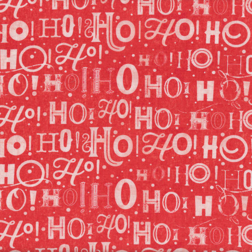 Studio E Fabrics Fabrics Vintage Whispers from Santa Lucie Crovatto Ho Ho Ho, red fabric with white Christmas-themed repeated 'Ho!' and decorative elements.