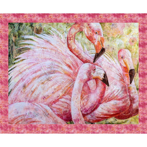 Studio E Fabrics Flamingo Fling Pink Green Textured Flamingo Panel, vibrant fabric featuring a watercolor-style design of pink flamingos with a textured pink and green border.