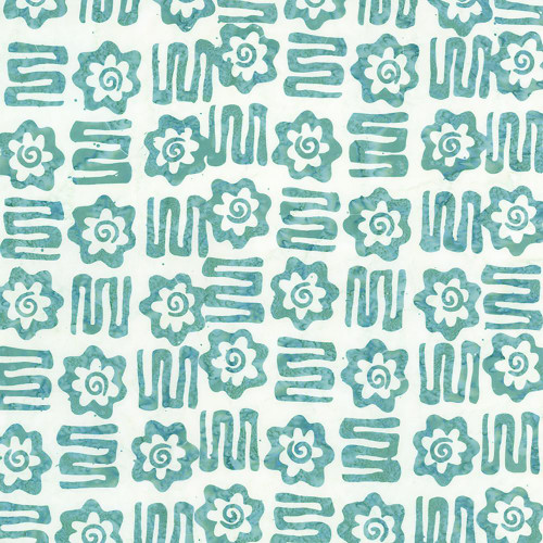 Riley Blake Fabrics Bold in Bloom Batiks Fran Morgan Adriatic Mist Blue Bloom Plots, fabric featuring a pattern of stylized blue flowers and abstract shapes on a pale background.
