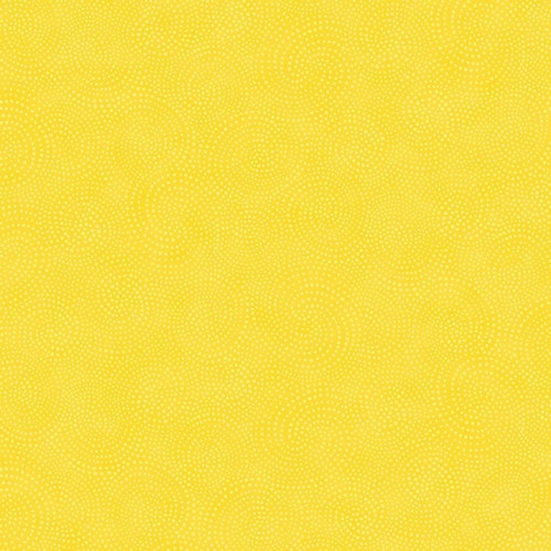 Timeless Treasures Fabrics Yellow Twirl Textured Dotty Spiral, close-up of vibrant yellow fabric with textured dotty spiral pattern.