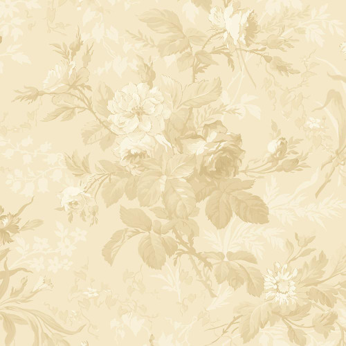 Marcus Fabrics Kathleen's Story Christine Schulte Monotone Floral Cream, fabric with cream-colored floral pattern and leaves on a beige background.
