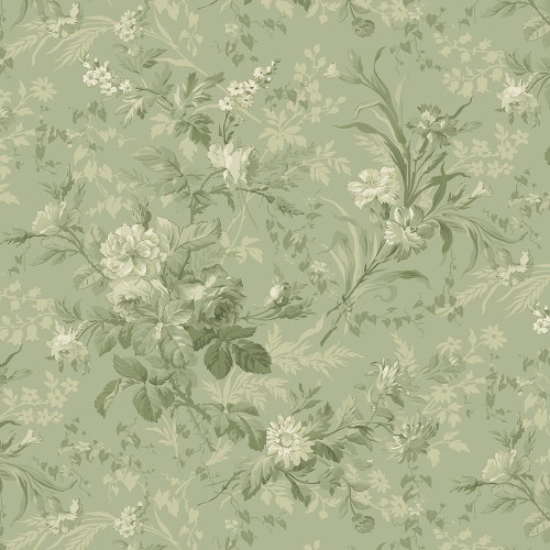 Marcus Fabrics Kathleen's Story Christine Schulte Monotone Floral Green, fabric featuring a delicate floral pattern with leaves and flowers in various shades of green.