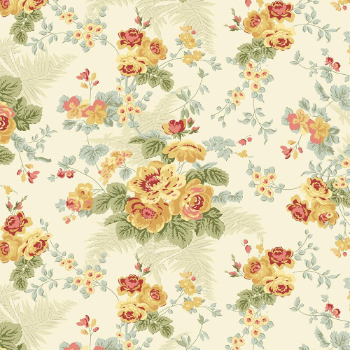 Marcus Fabrics Kathleen's Story Christine Schulte Bouquet Cream, fabric with a floral pattern featuring yellow and maroon roses, small yellow flowers, and green leaves on a light cream background.