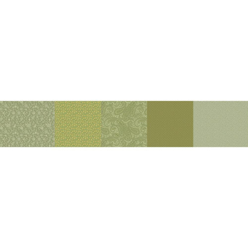 Marcus Fabrics Kathleen's Story Christine Schulte Strip-It 3 Green, fabric strip with various shades of green and intricate patterns.