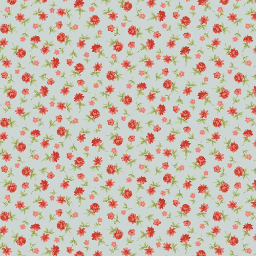 Marcus Fabrics Kathleen's Story Christine Schulte Florette Sky fabric, a floral pattern with small red and pink flowers and green leaves on a light blue background.