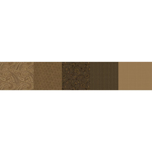 Marcus Fabrics Kathleen's Story Christine Schulte Strip-It 7 Brown, fabric swatch showing a variety of brown patterned fabrics with paisley, floral, geometric, and plaid designs.