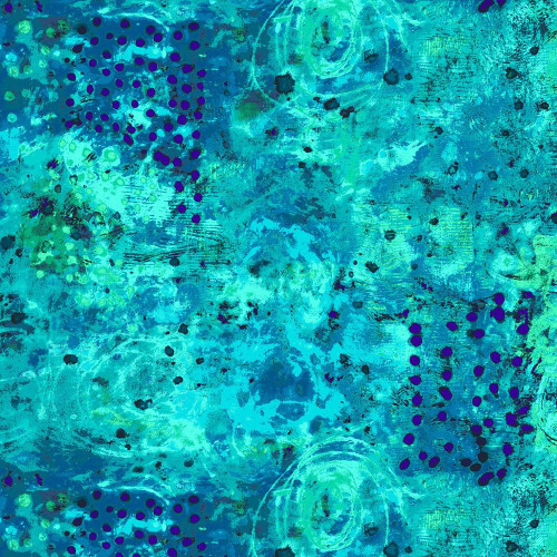Windham Fabrics Spotted Graffiti Marcia Derse Spotted Graffiti Spring Lilac, an abstract fabric pattern with shades of blue, green, and purple dots and swirling designs.