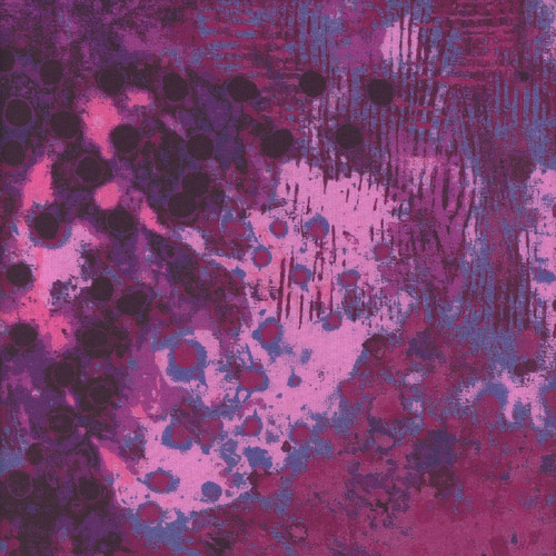 Windham Fabrics Spotted Graffiti Marcia Derse Spotted Graffiti Spring Lilac, abstract fabric with purple, pink, and blue splatters and spots in an artistic graffiti style.