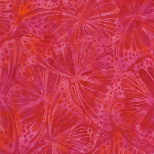 Lumin Fabrics Island Batik Butterfly Ballet Monarch Wings Pink Punch, pink fabric with butterfly and monarch wing patterns in vibrant shades of pink and orange.