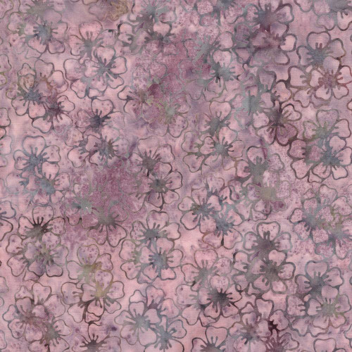 Lumin Fabrics Island Batik Cherry Blossom Large Blossoms Purple Thistle, fabric with large purple cherry blossom floral pattern on a pink and purple background.