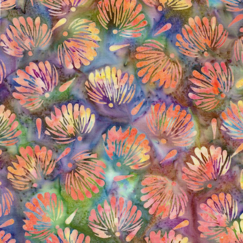 Lumin Fabrics Island Batik Garden Bloom Floral Fan Tossed Multi Purple Pink Green Teal, colorful floral batik fabric with pink, purple, green, and teal floral fan patterns on an abstract multicolored background.