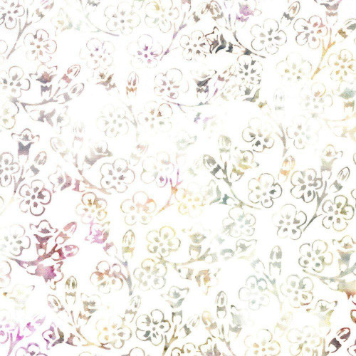 Lumin Fabrics Island Batik Cherry Blossom Tossed Blossoms Neutral Glaze, pastel floral pattern on white background with subtle pink, purple, and beige accents.