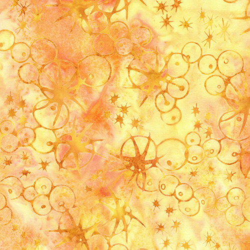 Lumin Fabrics Island Batik Starry Seas Sea Urchins Orange Cantaloupe, vibrant batik fabric featuring sea urchin motifs in shades of orange and yellow with a watercolor effect.