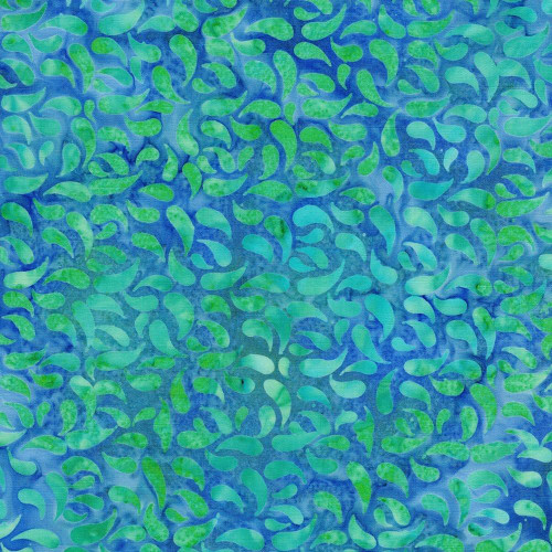 Lumin Fabrics Island Batik Paisley Pop Paisley Petals Multi Blue Green Marbles, colorful batik fabric with a paisley pattern in shades of blue and green.