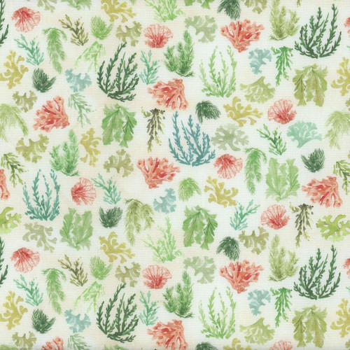 Windham Fabrics Ocean Live Ivory Ocean Reef, fabric with colorful coral and seaweed pattern on a light background.