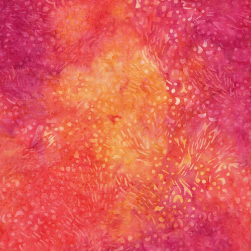 Lumin Fabrics Island Batik Hello Sunshine Tumbleweed Multi Pink Orange Sunset, vibrant colorful batik fabric with a blend of pink, orange, and yellow hues, featuring abstract and textured watercolor-like patterns.