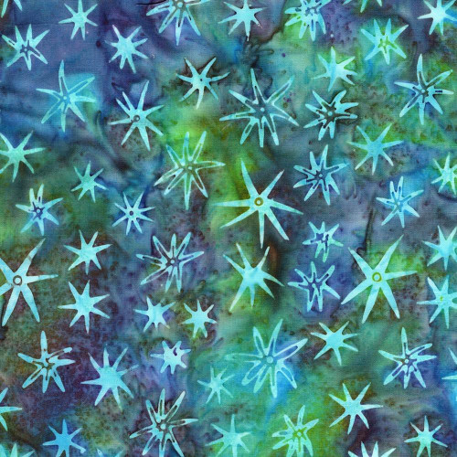 Lumin Fabrics Island Batik Under the Sea Sea Stars Multi Green Purple Mardi Gras, colorful batik fabric with starfish pattern in green, purple, blue, and turquoise tones.