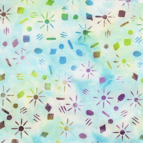 Lumin Fabrics Island Batik Garden Gate Sparkles Multi Pink Yellow Blue Moonstone, colorful abstract batik fabric with geometric and floral patterns in bright pastel shades.